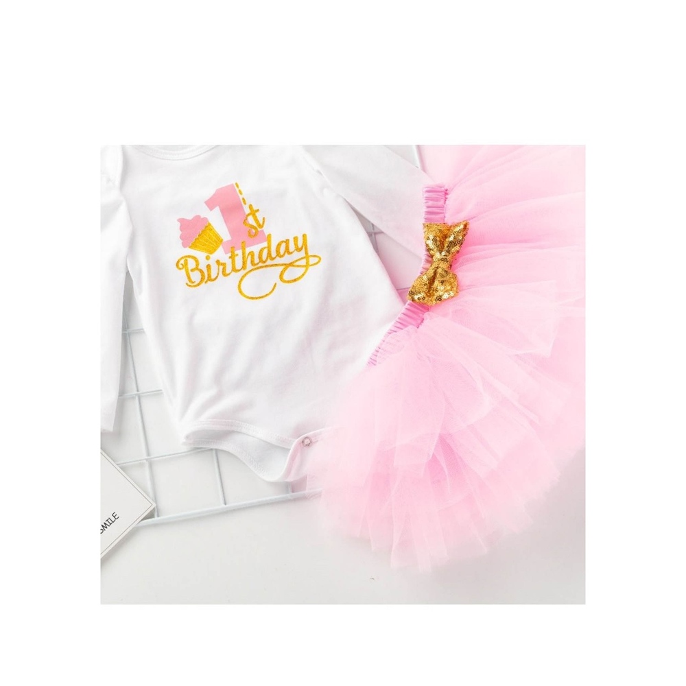 White Pink 3 Piece Onsie Tutu Skirt 1 Birthday Set - Picture 8 of 8